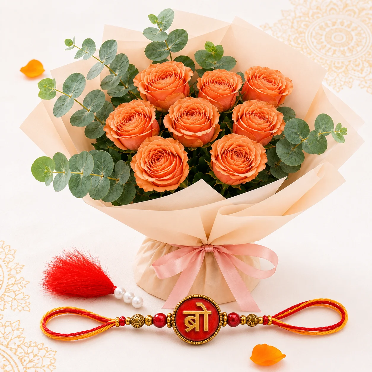 Orange Rose Rakhi Bouquet featuring nine fresh orange roses and a stylish Bro rakhi for Raksha Bandhan gifting